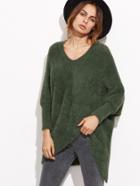 Shein Olive Green Dolman Sleeve Asymmetric Fluffy Sweater