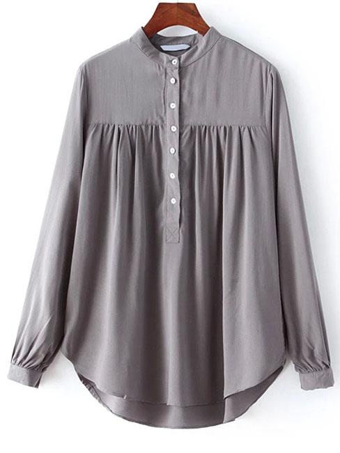 Shein Grey Stand Collar Dip Hem Blouse