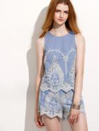 Shein Blue Embroidered Zigzag Hem Top With Shorts