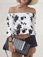 Shein White Black Off The Shoulder Floral Blouse