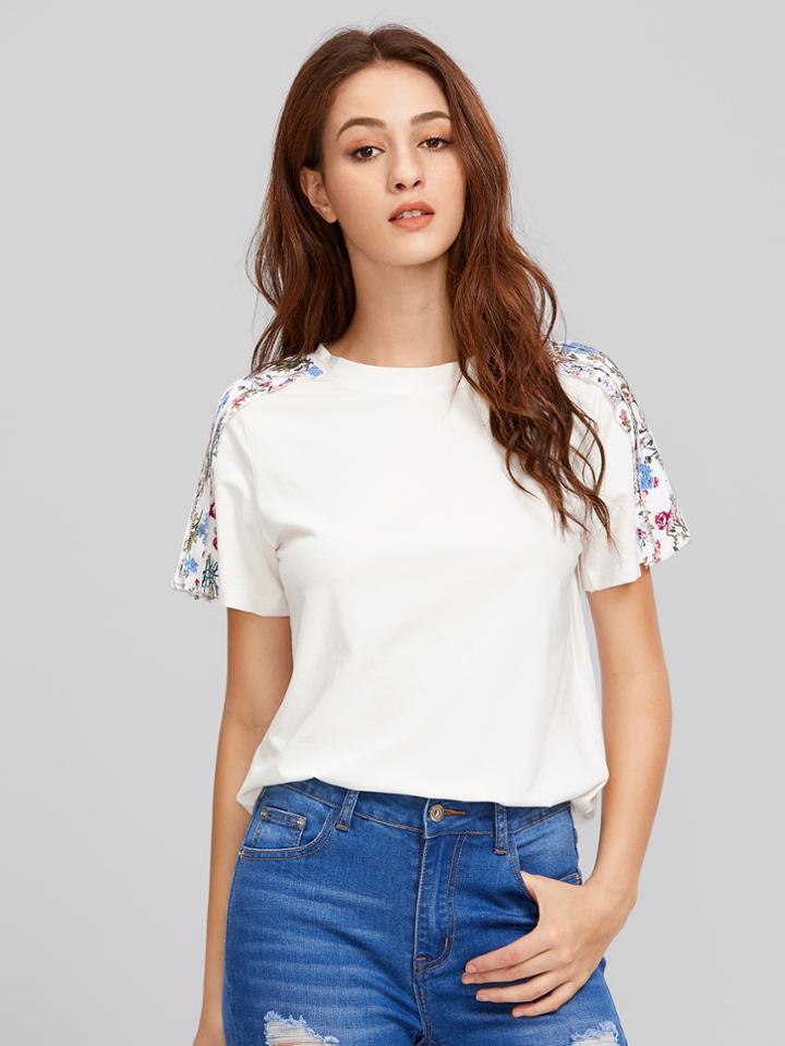 Shein Floral Panel Sleeve Tee