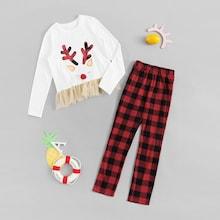 Shein Girls Ruffle Hem Top & Plaid Pants Set