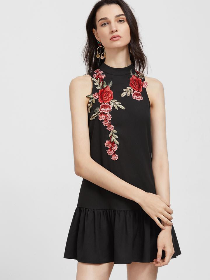 Shein Black Embroidered Rose Applique Open Back Drop Waist Dress