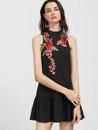 Shein Black Embroidered Rose Applique Open Back Drop Waist Dress