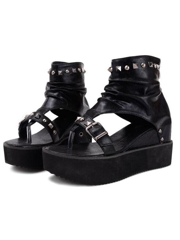 Shein Studded Black Platform Ankle Cuff Thong Wedges