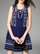 Shein Navy Tie Neck Embroidered A-line Dress