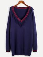 Shein Navy Striped Trim Fringe Pullover Sweater