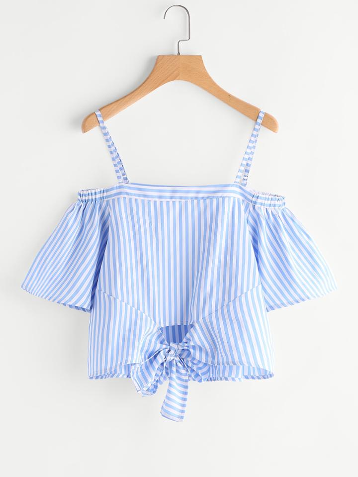 Shein Contrast Striped Knotted Hem Top