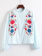 Shein Drop Shoulder Frill Trim Embroidery Blouse