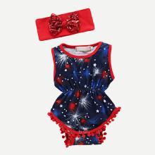 Shein Girls Fireworks Pom Pom Hem Romper With Headband