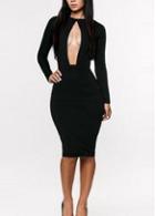 Rosewe Black Round Neck Long Sleeve Bodycon Dress For Club