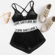 Shein Letter Print Crisscross Velvet Bra With Shorts Set