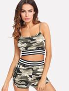 Shein Striped Tape Detail Camouflage Cami & Shorts Set