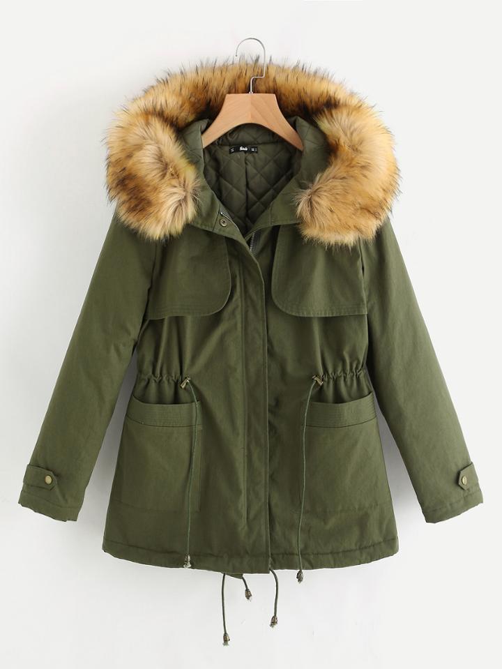 Shein Gun Flap Faux Fur Trim Hooded Parka Coat