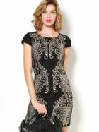 Shein Black Round Neck Short Sleeve Lace Embroidered Dress