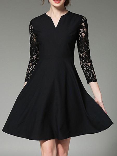 Shein Black V Neck Contrast Lace Sleeve Dress