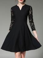 Shein Black V Neck Contrast Lace Sleeve Dress