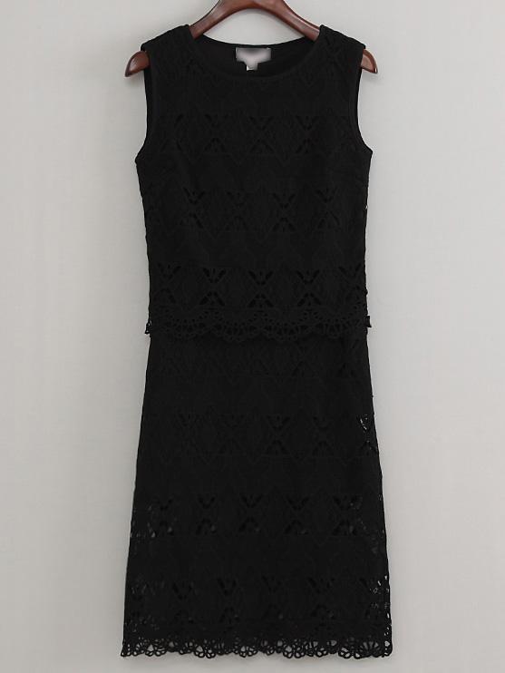 Shein Black Sleeveless Blouse With Scallop Hollow Skirt