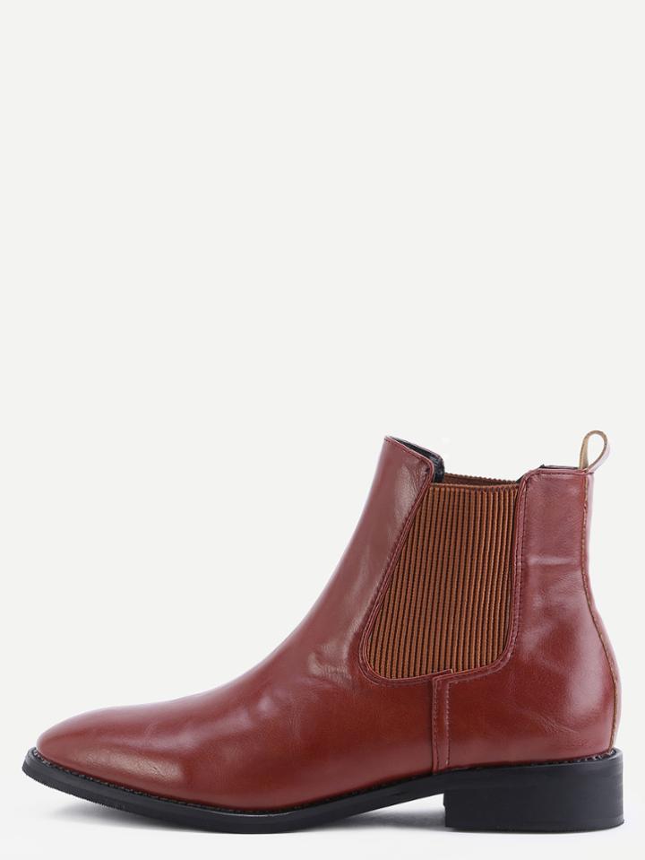 Shein Brown Faux Leather Square Toe Elastic Short Boots