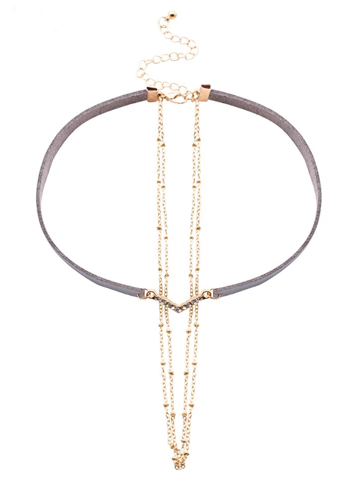 Shein Grey Faux Leather Layered Chain Rhinestone Choker Necklace