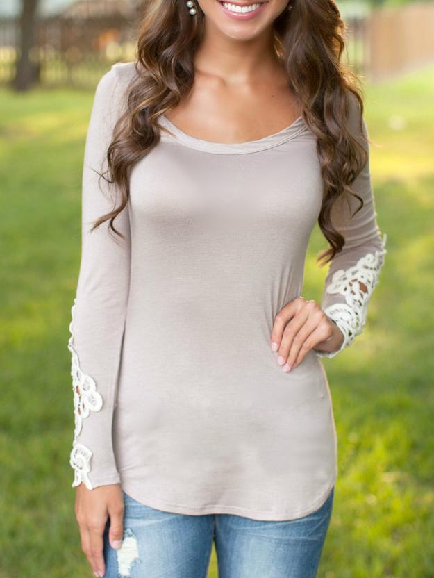 Shein Grey Scoop Neck Lace Long Sleeve Slim Blouse