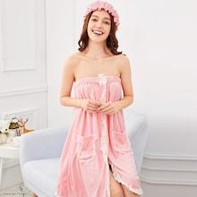Shein Frill Trim Bow Detail Bathrobe With Shower Cap