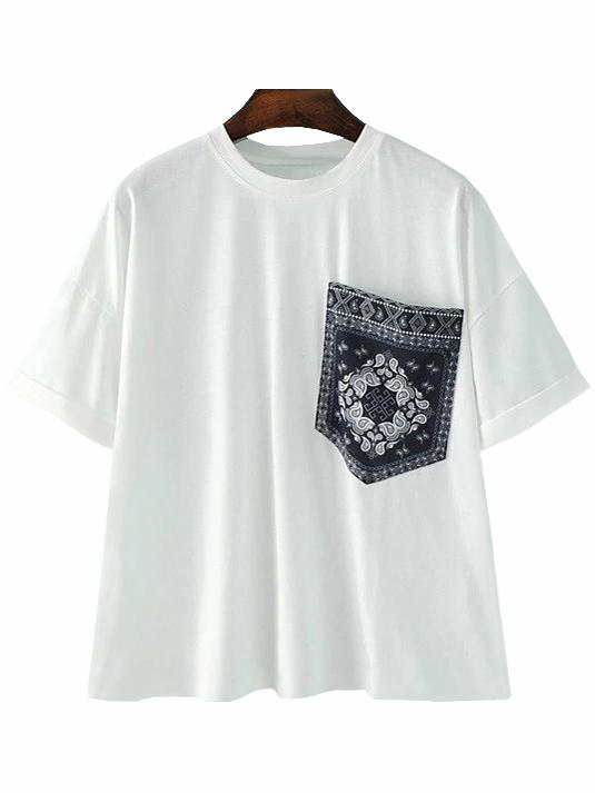 Shein White Pocket Print Short Sleeve T-shirt
