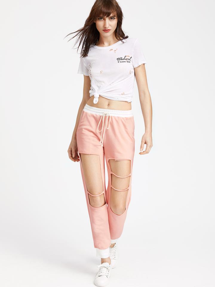 Shein Pink Contrast Trim Knee Ripped Sweatpants