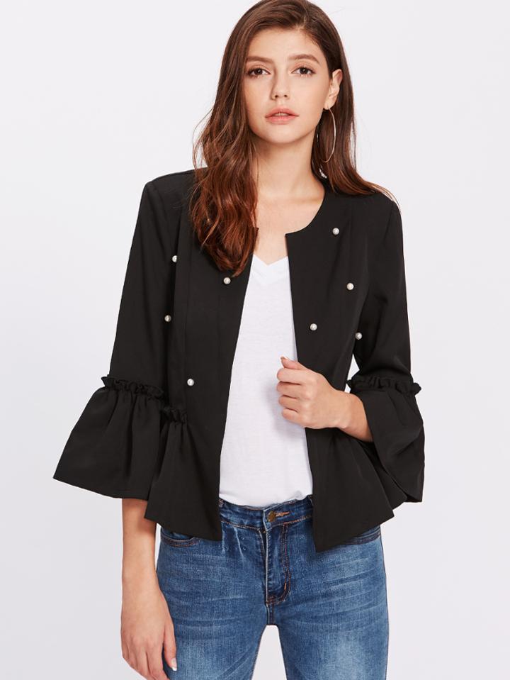 Shein Pearl Beaded Trumpet Sleeve Frilled Hem Blazer