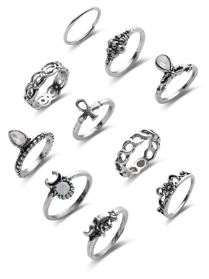 Shein Mixed Gemstone Etched Ring Pack