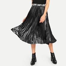 Shein Letter Print Pleated Metallic Skirt