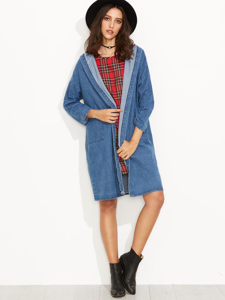 Shein Blue Drop Shoulder Hooded Denim Long Coat