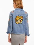 Shein Blue Tiger Embroidery Back Single Breasted Denim Jacket