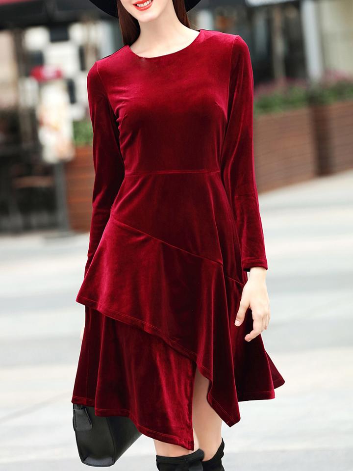 Shein Red Crew Neck Velvet High Low Dress