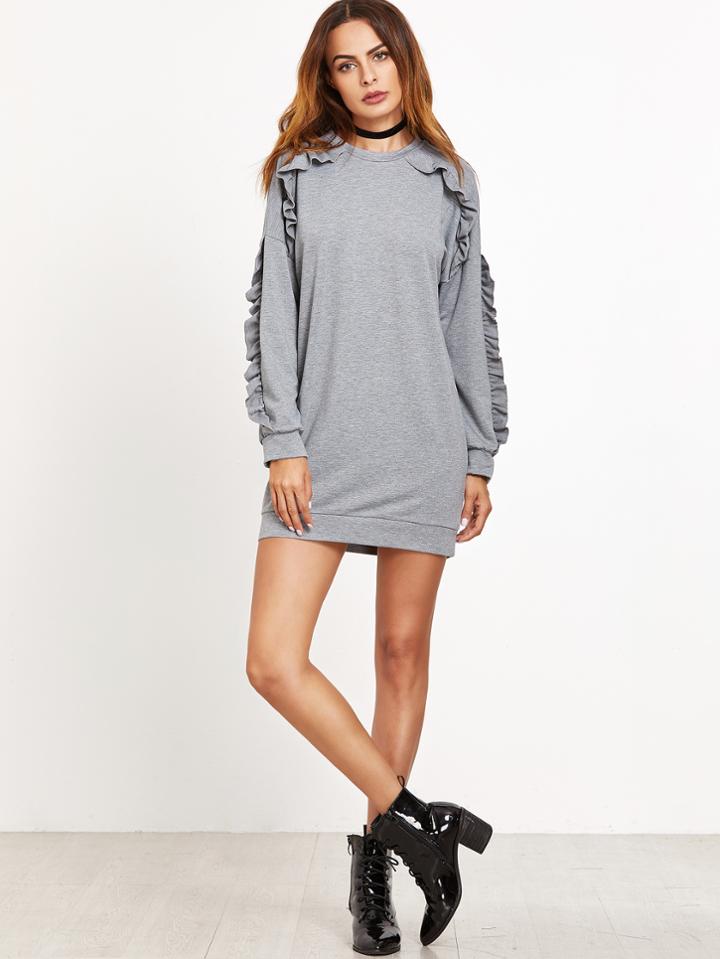 Shein Grey Ruffle Detail Sweatshirt Dress