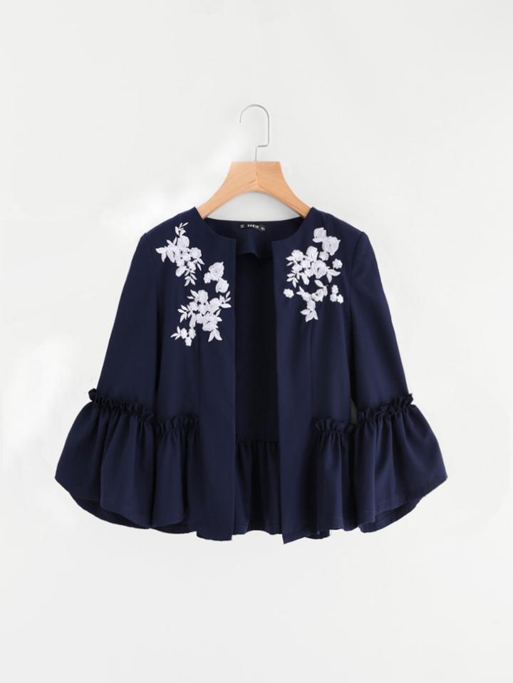 Shein Frilled Cuff And Sleeve Embroidered Open Front Blazer