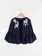 Shein Frilled Cuff And Sleeve Embroidered Open Front Blazer