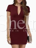 Shein Wine Red Overalls Short Sleeve V Neck Bodycon Dress