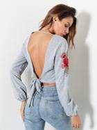 Shein Open Back Embroidered Applique Crop Marled Pullover