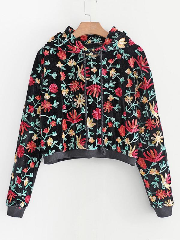 Shein Flower Embroidery Velvet Hoodie