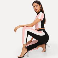Shein Cut And Sew Button Front Crop Top & Pants Set
