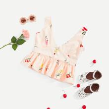 Shein Girls Flower Print Ruffle Hem Shell Top