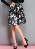 Shein Black High Waist Floral Flare Skirt