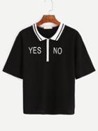 Shein Zip Front Letter Embroidered Polo Shirt - Black