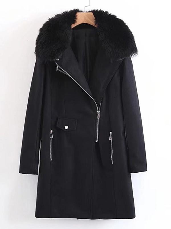 Shein Zipper Coat With Faux Fur Collar