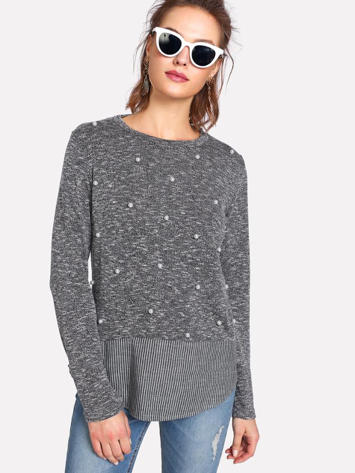 Shein Pearl Beading Striped Hem Top