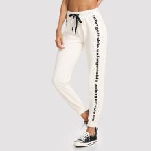 Shein Letter Print Side Drawstring Waist Shirred Hem Pants