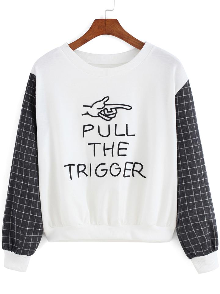 Shein White Plaid Long Sleeve Gothic Thanksgiving Carnival Letters Print Crop Sweatshirt