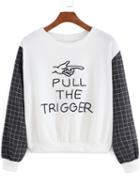 Shein White Plaid Long Sleeve Gothic Thanksgiving Carnival Letters Print Crop Sweatshirt