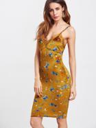 Shein Mustard Floral Print Lace Trim Cami Dress